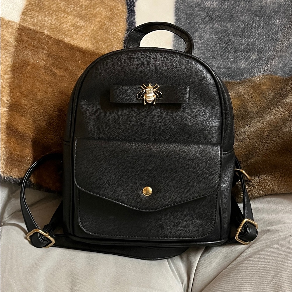 Black Leather Backpack with Gold Bee Accent